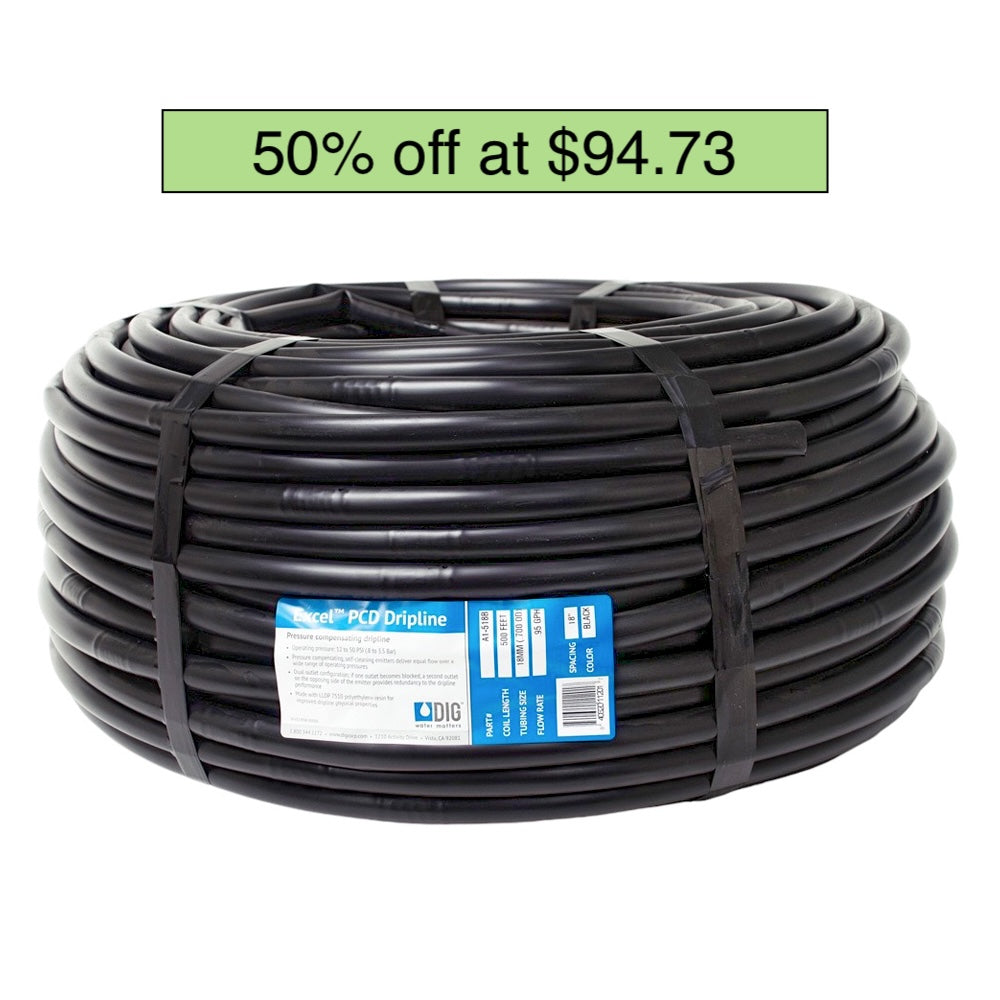 EXCEL SERIES 500’, .600” ID X .700" OD PC DRIPLINE WITH 18" SPACING, .95 GPH, BLACK